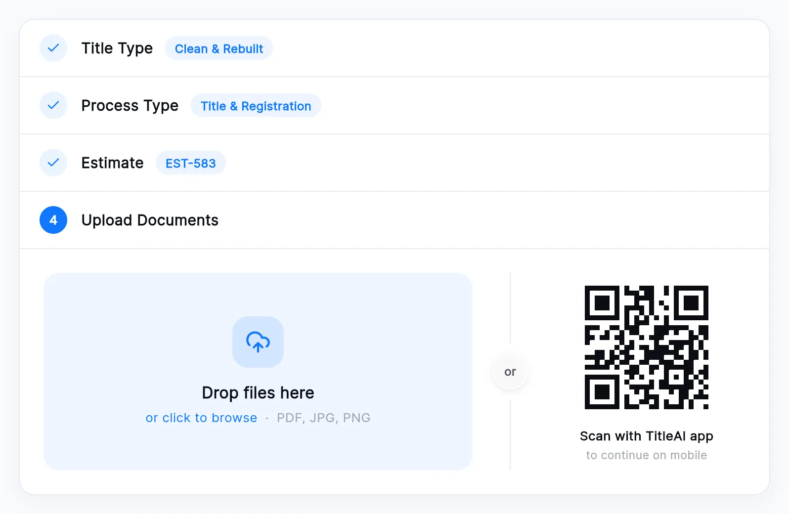 The upload area: the Drop files here box on the left and the Scan with TitleAI app QR code on the right.