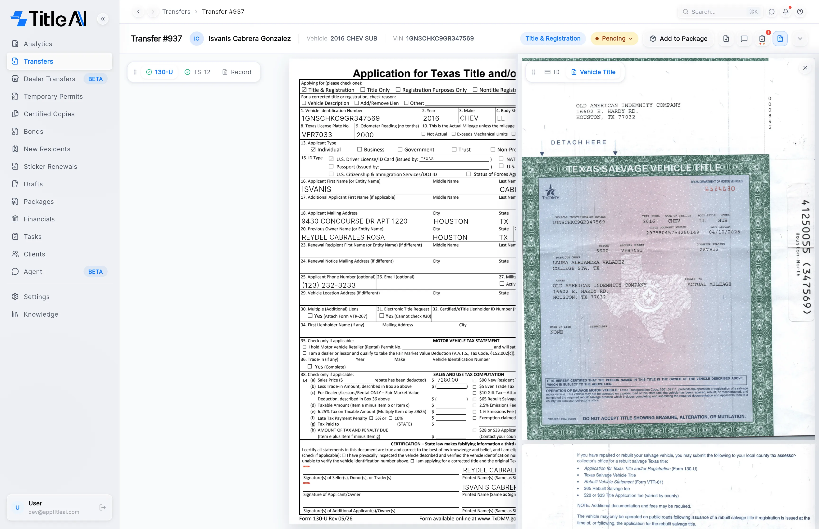The uploaded documents panel open on the right, showing the vehicle title, next to the 130-U on the left.